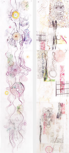 links: wege und zentren | 2005 | 126 x 27 cm |  rechts: intarsien | 2004 | 126,5 x 27 cm | Laminagen